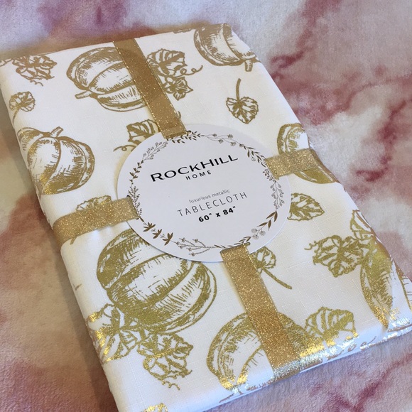 Metallic Pumpkin Harvest Fall Rectangular Tablecloth 60” X 84” sparkle gold NWT - Picture 15 of 16